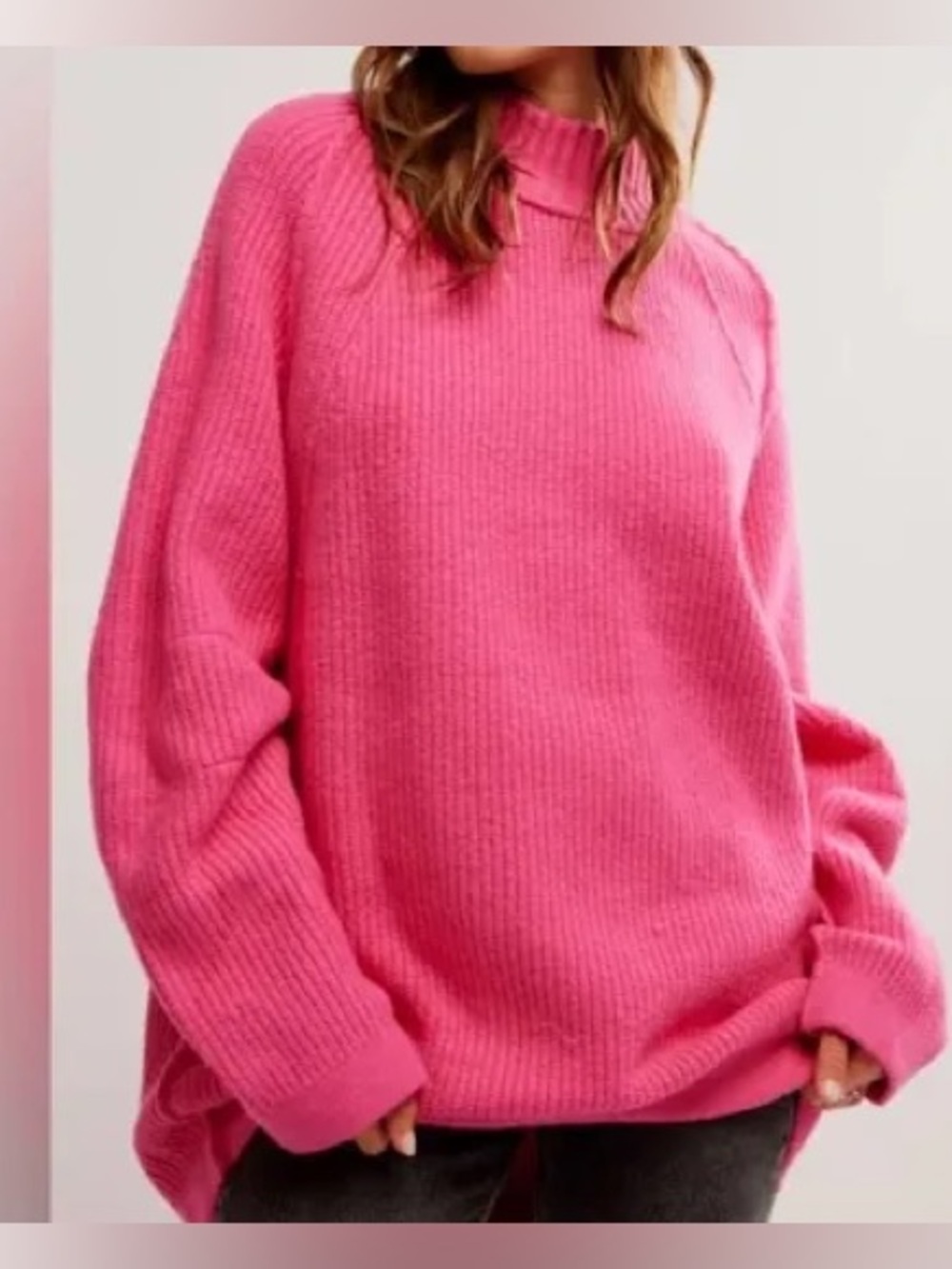 Free People M Bright Pink Oversized Ribbed Turtleneck Sweater